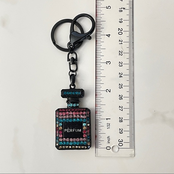 Luxury Perfume Bottle Bag Charm Key Chain - Black Colorful Rhinestone Bling‎ - Picture 3 of 5